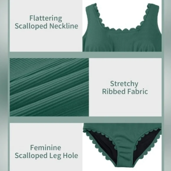 Green Ribbed Scallop Edge One Piece Swimsuit - Picture 5 of 6